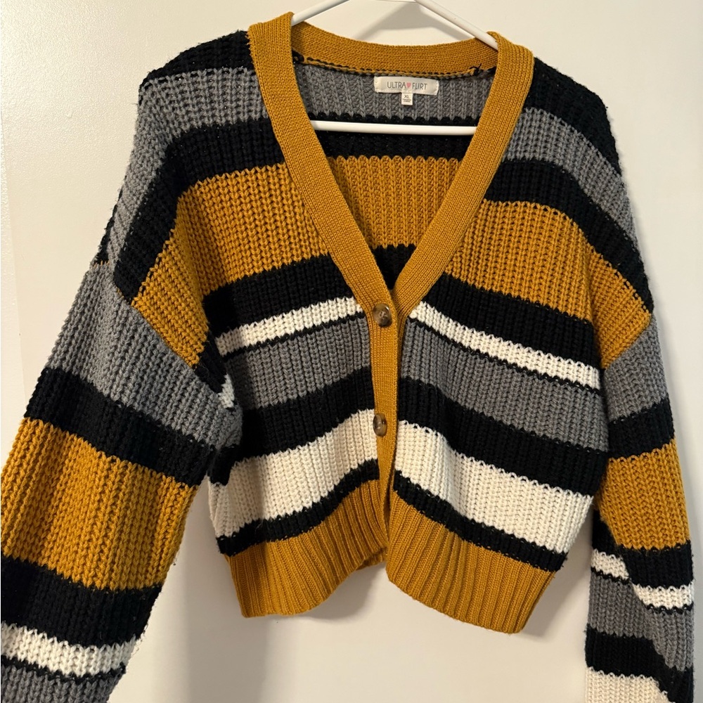 Ultra Flirt Mustard Black Gray White Striped Cardigan